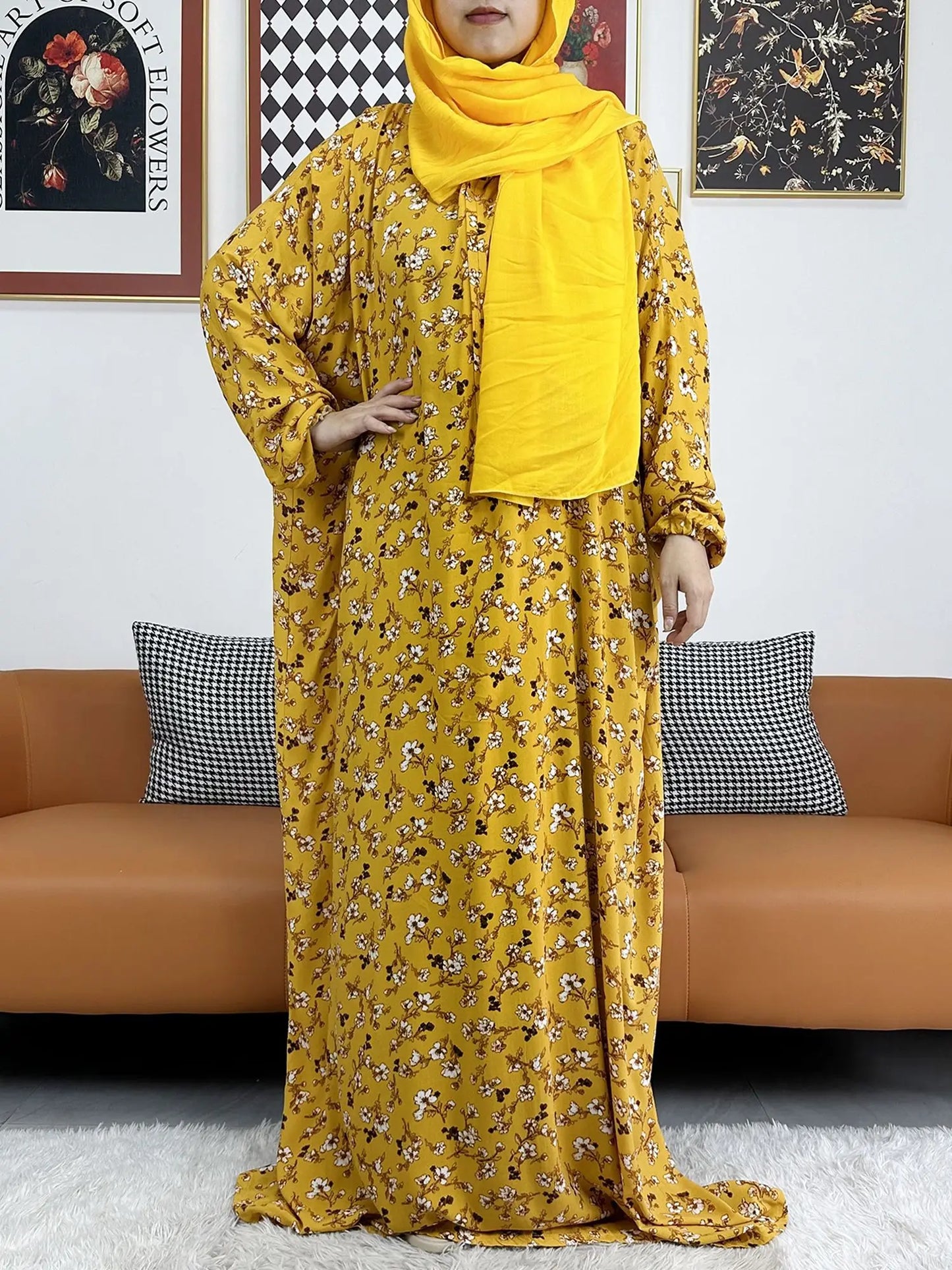 2025 Muslim Rayon Abayas For Women Ramadan Prayer Dubai Turkey Middle East Femme Robe Floral Loose African Dress Turban Joint