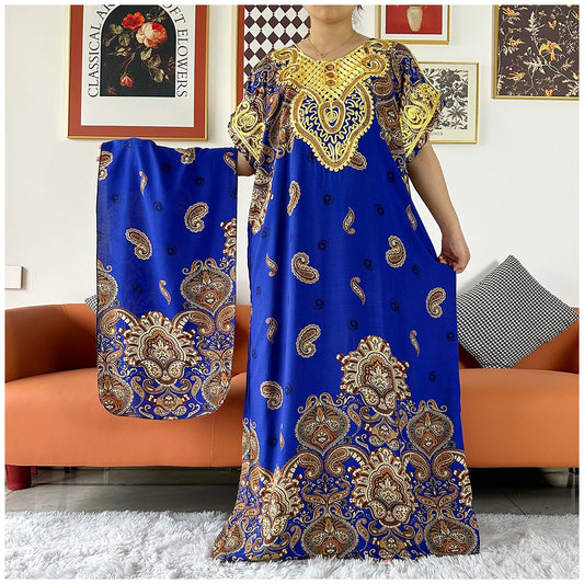 2 Pieces African Dashiki Floral Printing Loose Cotton Caftan Lady Summer Maxi Casual Dresses With Scarf  Vestidos Short Sleeve