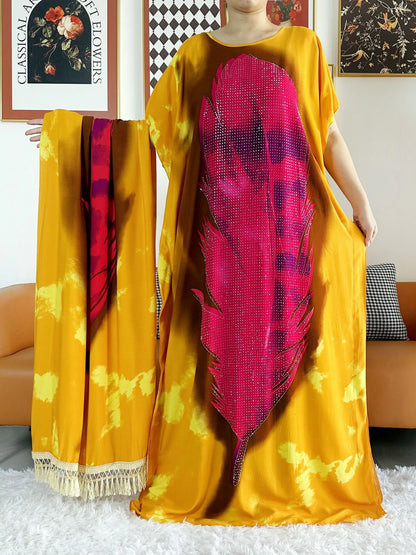 2025  African Women Party Dress Big Scarf Tassels Cotton Printed Loose Floral Boubou Maxi Islam Women Short Sleeve Abaya