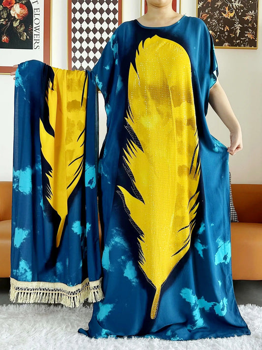 2025  African Women Party Dress Big Scarf Tassels Cotton Printed Loose Floral Boubou Maxi Islam Women Short Sleeve Abaya