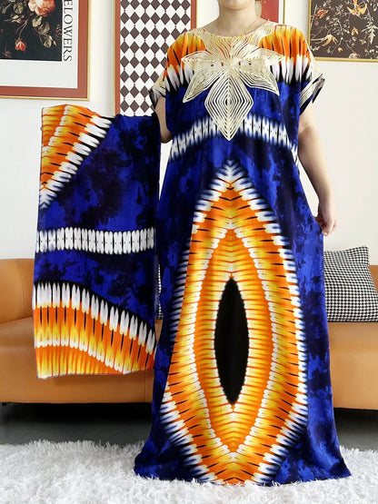 2023 African Dashiki Dress Kaftan Abaya Cotton Boat-neck Floral Dress Printed Short Sleeve Loose Women Casual Dress with Scarf