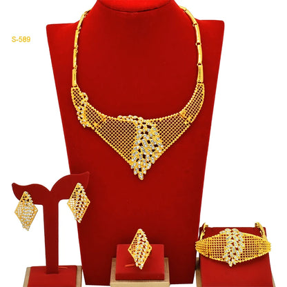 Dubai Luxurious Gold Color Jewelry Set Leaf Necklaces For Women Bride Earrings Rings Indian Nigerian Wedding Jewelery Set Gifts