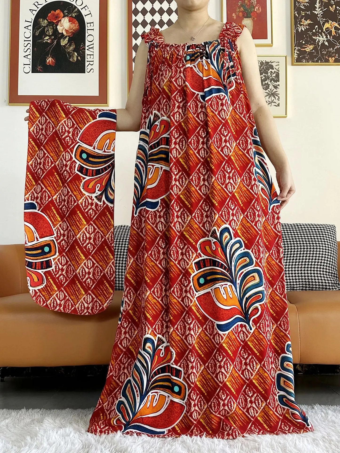 New Arrivals Women's Cotton Summer Sleeveless Dress With Scarfs Under Dress African Dashiki Maxi Lady Robe Loose Kaftan Vestidos