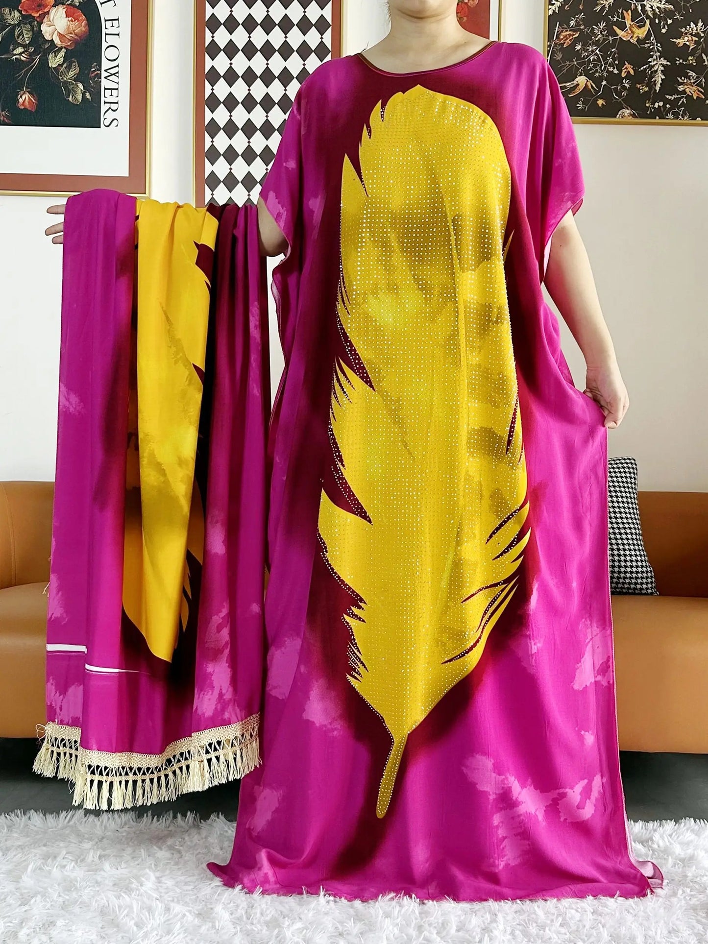 2025  African Women Party Dress Big Scarf Tassels Cotton Printed Loose Floral Boubou Maxi Islam Women Short Sleeve Abaya
