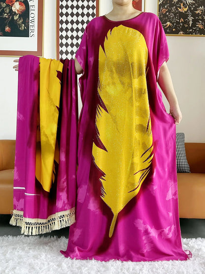 2025  African Women Party Dress Big Scarf Tassels Cotton Printed Loose Floral Boubou Maxi Islam Women Short Sleeve Abaya