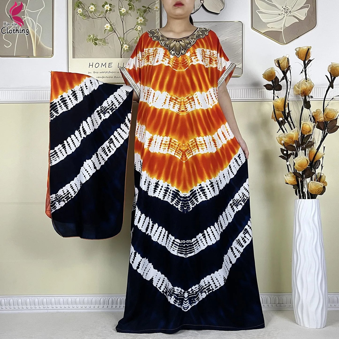 2024Latest African Abaya Women Dashiki Summer Short Sleeve Dubai Fashion Printed Cotton Robe Muslim Femme Loose Dress With Scarf
