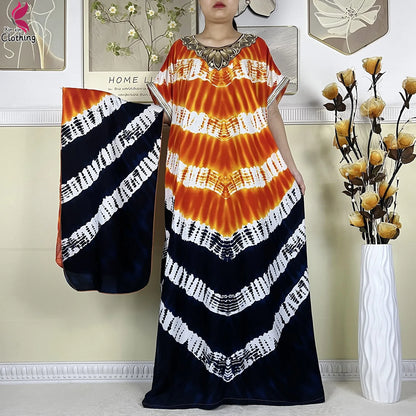 2024Latest African Abaya Women Dashiki Summer Short Sleeve Dubai Fashion Printed Cotton Robe Muslim Femme Loose Dress With Scarf