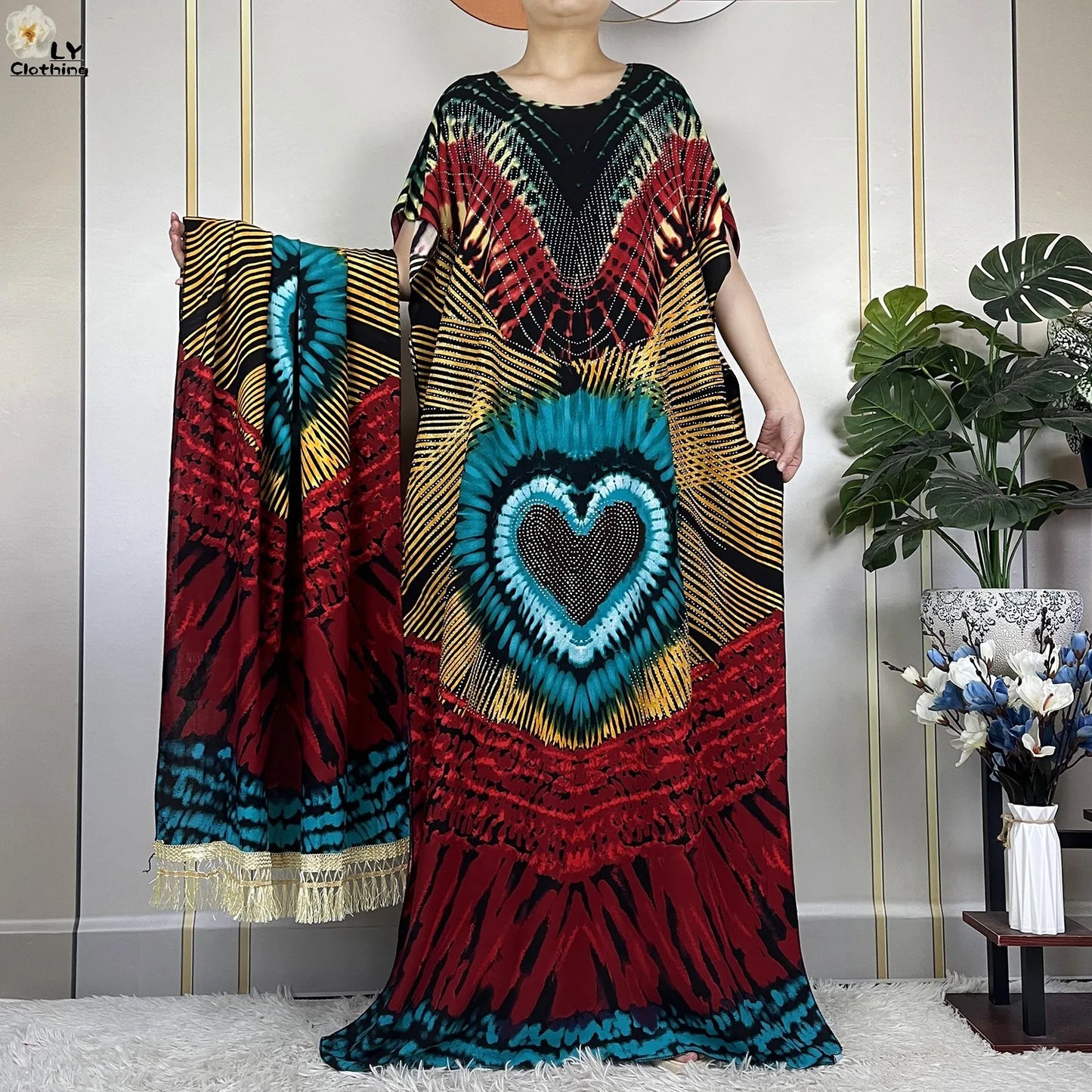 2024New Muslim Abaya Cotton Dress Women Loose African Dashiki Maxi Printing Diamonds Femme Robe Dubai Islam Dress With Big Scarf