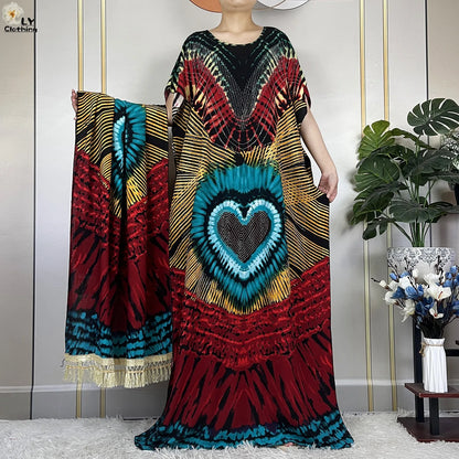 2024New Muslim Abaya Cotton Dress Women Loose African Dashiki Maxi Printing Diamonds Femme Robe Dubai Islam Dress With Big Scarf