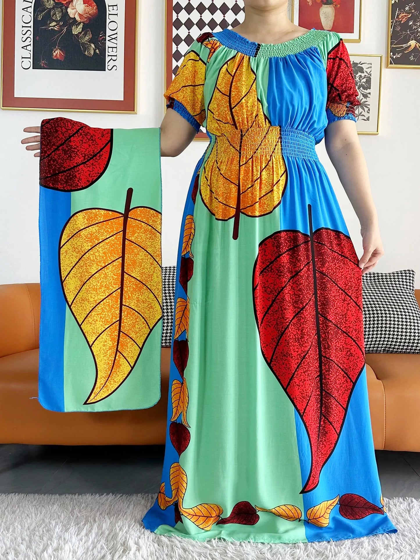 2023 New African Dashiki Cotton Floral Dress Printed Short Sleeve Collect Waist Straight Loose African Women Dress with Scarf