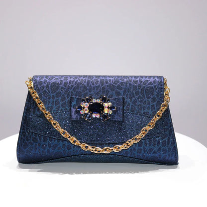 High Quality Blue Color 2024 New Design African Women Shoes and Bag Set Peep Toe with Shinning Crystal for Wedding Party