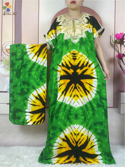 2024 New African Women Embroidered Sequin Dress Tie Dyed Loose Cotton Robe Dshiki Maxi Robe Femme Islamic Women Summer Clothing