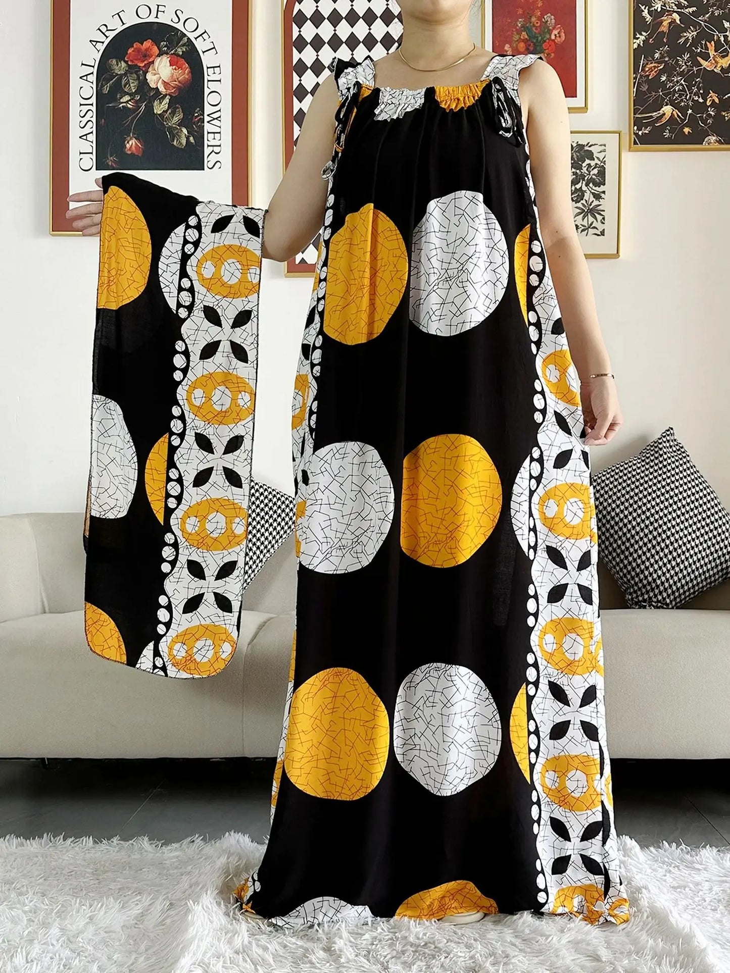 New Arrivals Women's Cotton Summer Sleeveless Dress With Scarfs Under Dress African Dashiki Maxi Lady Robe Loose Kaftan Vestidos