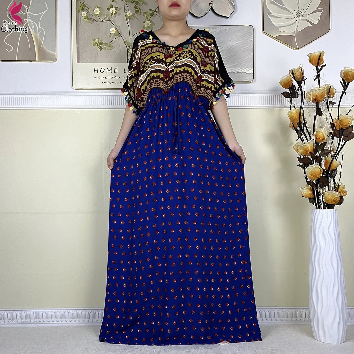 New African Women Dashiki Cotton Dress Fashion Printing Collect Waist Summer Short Sleeve Islam Boubou Maxi Woman Abaya Clothing
