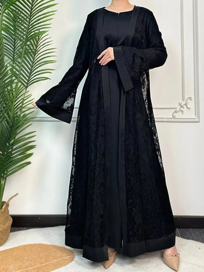 Ramadan Eid Prayer Lace Abaya 2 Piece Set Inner Dress Women Flare Sleeve Long Abayas Kaftan Djellaba Dubai Party Vestidos 2024