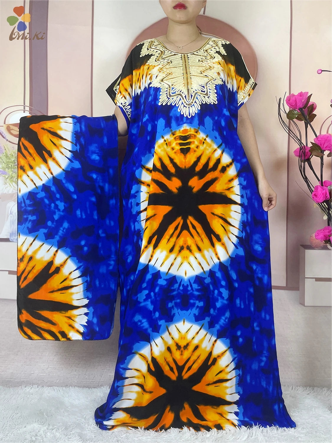 2024 New African Women Embroidered Sequin Dress Tie Dyed Loose Cotton Robe Dshiki Maxi Robe Femme Islamic Women Summer Clothing