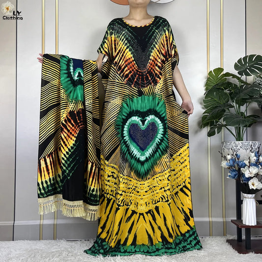 2024New Muslim Abaya Cotton Dress Women Loose African Dashiki Maxi Printing Diamonds Femme Robe Dubai Islam Dress With Big Scarf