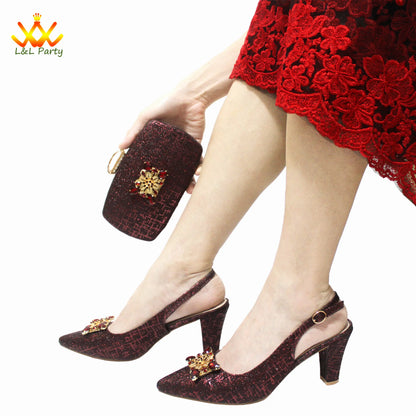 2024 New Arrivals Italian Ladies Shoes and bag Set High Quality Orange Color Pumps with Shinning Crystal for Wedding Party