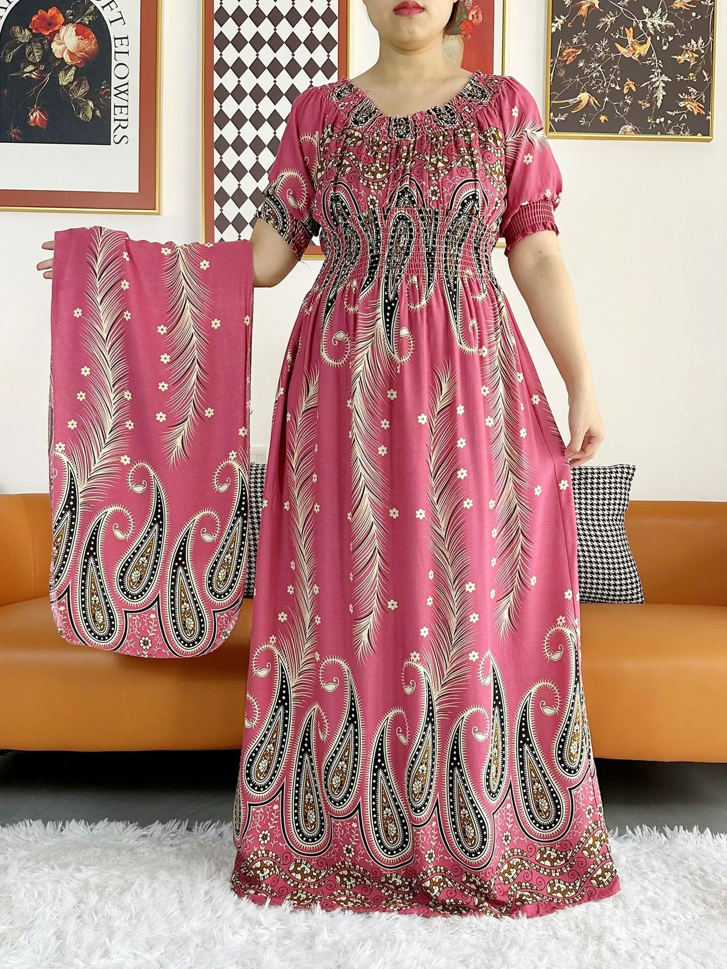 2023 New African Dashiki Cotton Floral Dress Printed Short Sleeve Collect Waist Straight Loose African Women Dress with Scarf