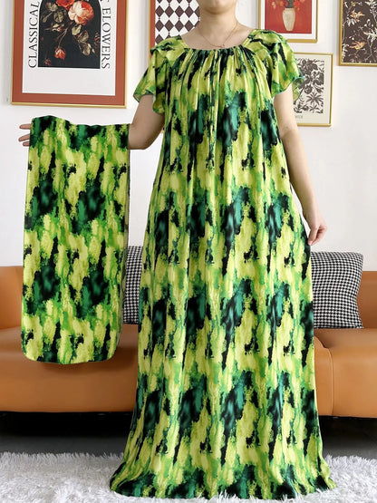 2024 Abaya for Women African Lady Short Sleeve Loose Dress Solid Cotton Boat-Neck Floral Boubou Maxi Islam Women African Clothes
