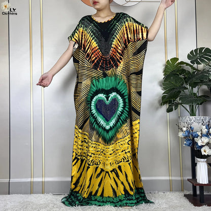 2024New Muslim Abaya Cotton Dress Women Loose African Dashiki Maxi Printing Diamonds Femme Robe Dubai Islam Dress With Big Scarf