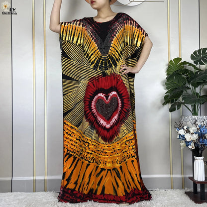 2024New Muslim Abaya Cotton Dress Women Loose African Dashiki Maxi Printing Diamonds Femme Robe Dubai Islam Dress With Big Scarf