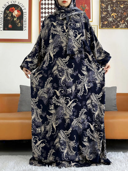 2025 Muslim Rayon Abayas For Women Ramadan Prayer Dubai Turkey Middle East Femme Robe Floral Loose African Dress Turban Joint
