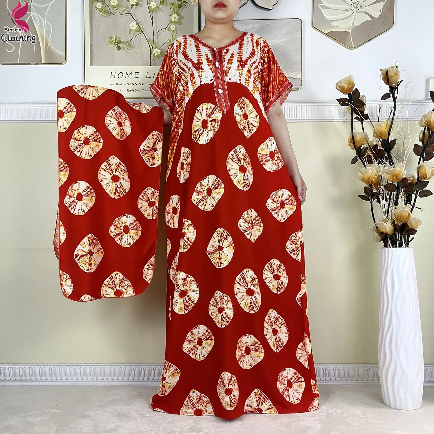 2024Latest African Abaya Women Dashiki Summer Short Sleeve Dubai Fashion Printed Cotton Robe Muslim Femme Loose Dress With Scarf
