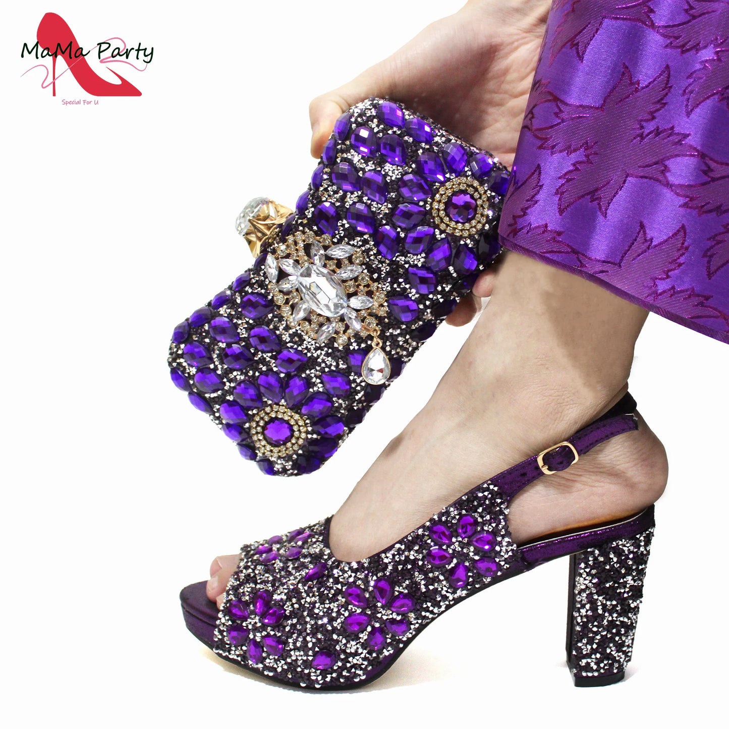 2024 Fashion New Arrivals INS Hot Sale Full Crystal Shinning Shoes and Bag Set for Dress in Red Color Sandals Christmas Party