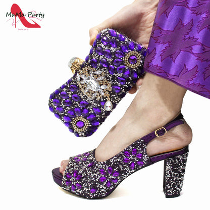 2024 Fashion New Arrivals INS Hot Sale Full Crystal Shinning Shoes and Bag Set for Dress in Red Color Sandals Christmas Party