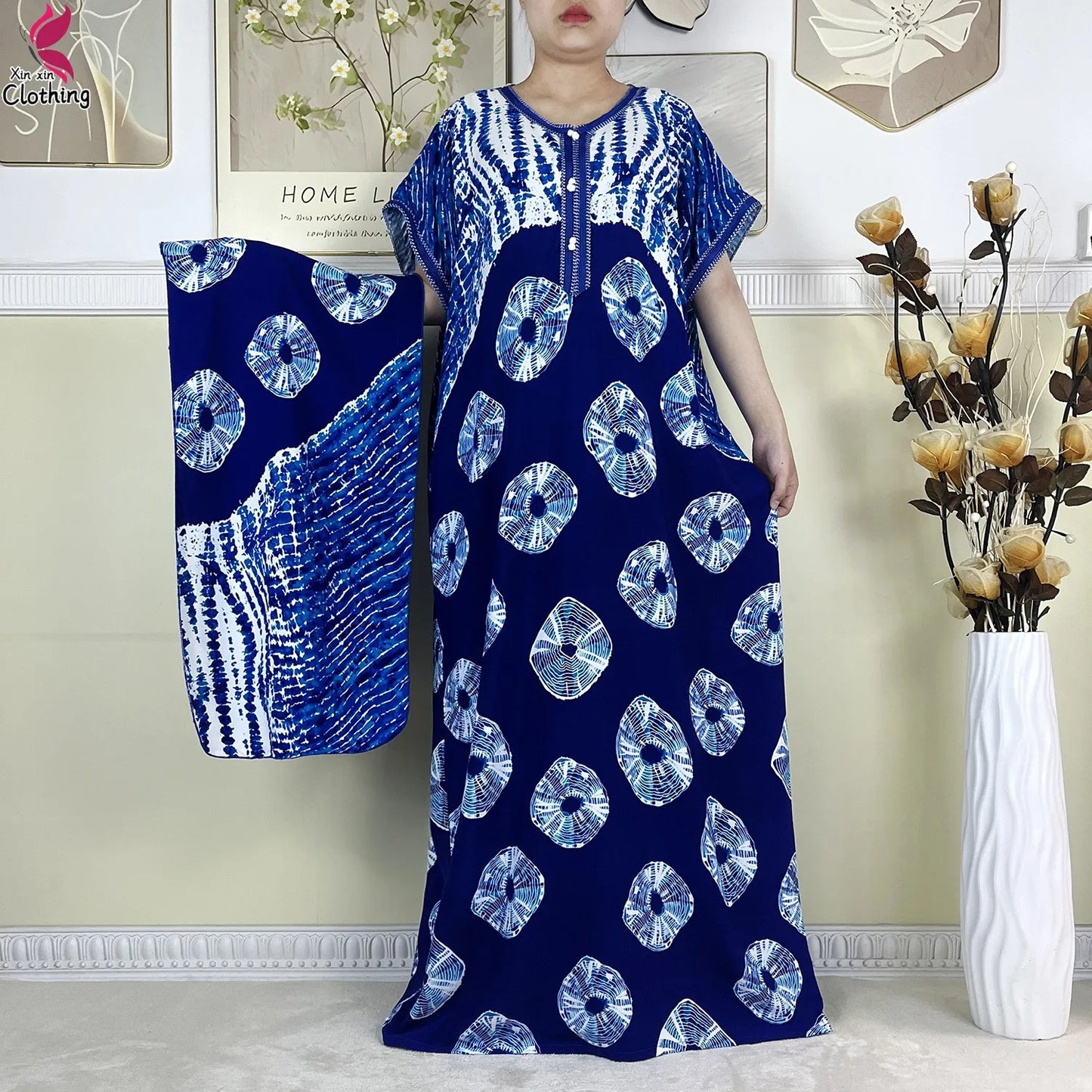 2024Latest African Abaya Women Dashiki Summer Short Sleeve Dubai Fashion Printed Cotton Robe Muslim Femme Loose Dress With Scarf