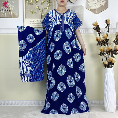 2024Latest African Abaya Women Dashiki Summer Short Sleeve Dubai Fashion Printed Cotton Robe Muslim Femme Loose Dress With Scarf
