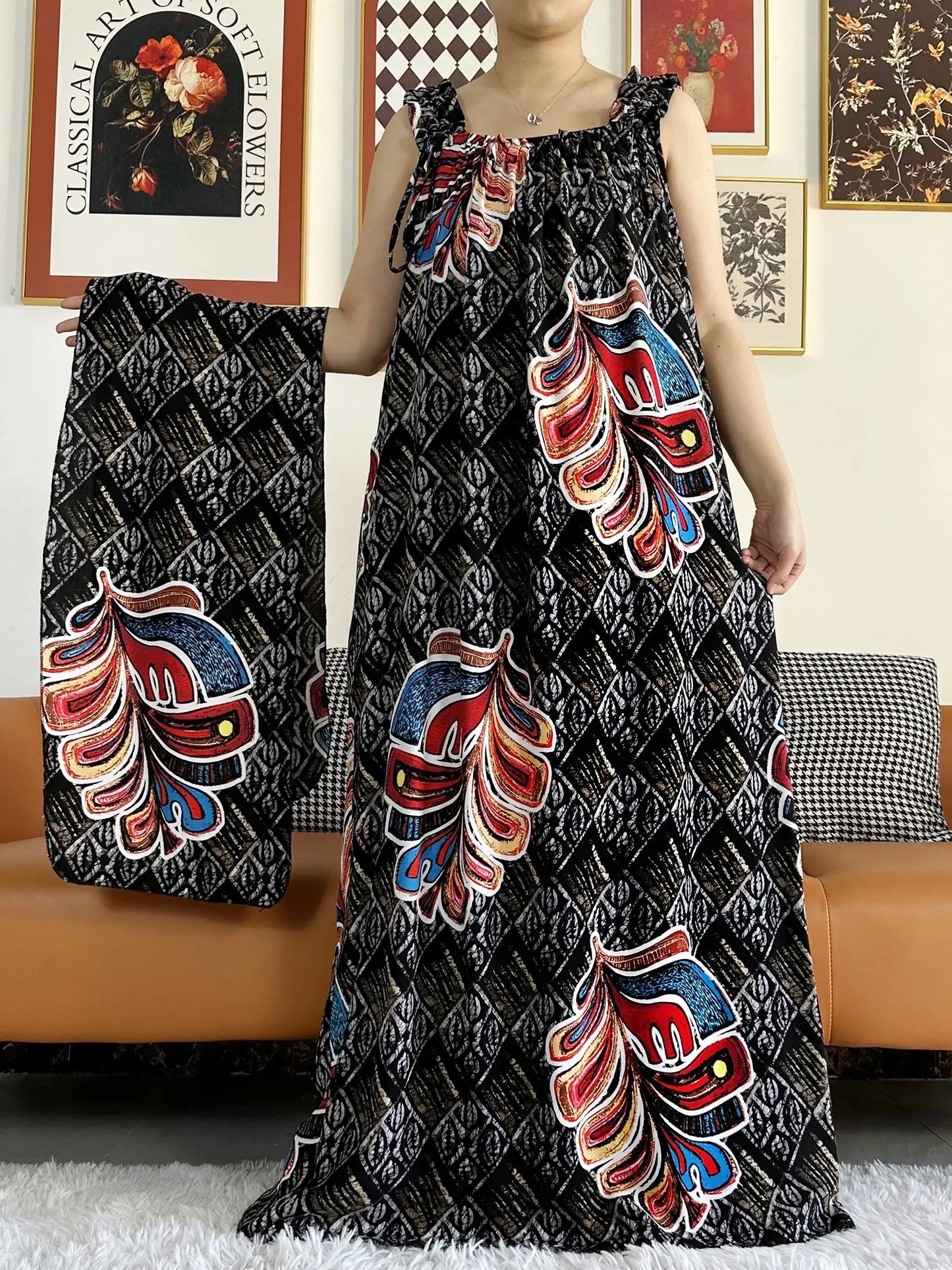 New Arrivals Women's Cotton Summer Sleeveless Dress With Scarfs Under Dress African Dashiki Maxi Lady Robe Loose Kaftan Vestidos