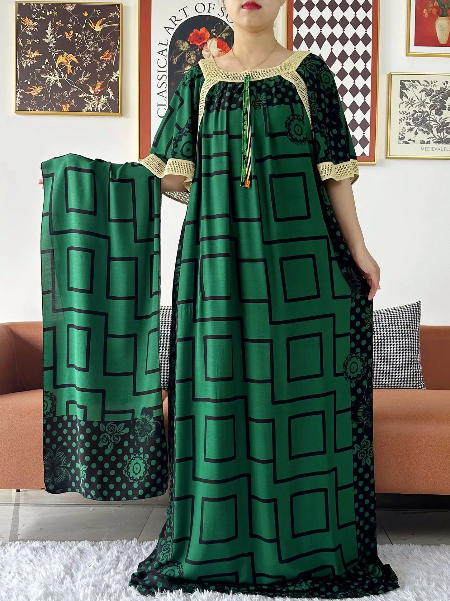 2024 New Muslim Women Short Sleeve Dashiki Dress Lace Embroidered Floral Boubou Maxi Islam Women Dress African Abaya Clothes