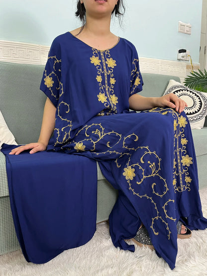 Muslim Traditional Appliques Abayas For Women Solid Color Maxi Femme Robe African Jalabiyat Ramadan Islam Dresses With Headscarf