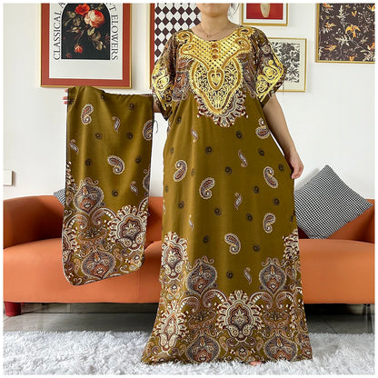 2 Pieces African Dashiki Floral Printing Loose Cotton Caftan Lady Summer Maxi Casual Dresses With Scarf  Vestidos Short Sleeve