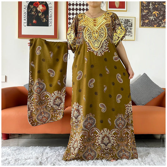 2 Pieces African Dashiki Floral Printing Loose Cotton Caftan Lady Summer Maxi Casual Dresses With Scarf  Vestidos Short Sleeve
