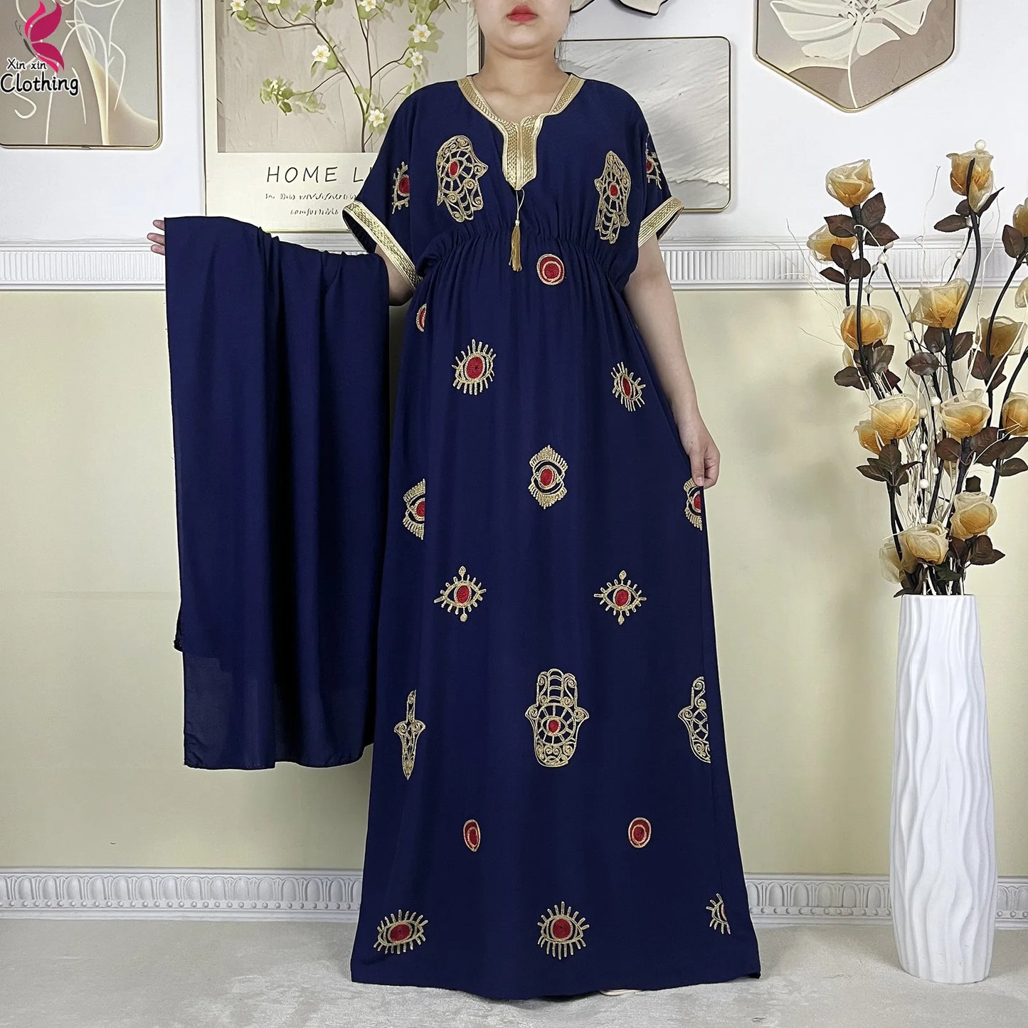 New African Women Dashiki Cotton Dress Fashion Printing Collect Waist Summer Short Sleeve Islam Boubou Maxi Woman Abaya Clothing