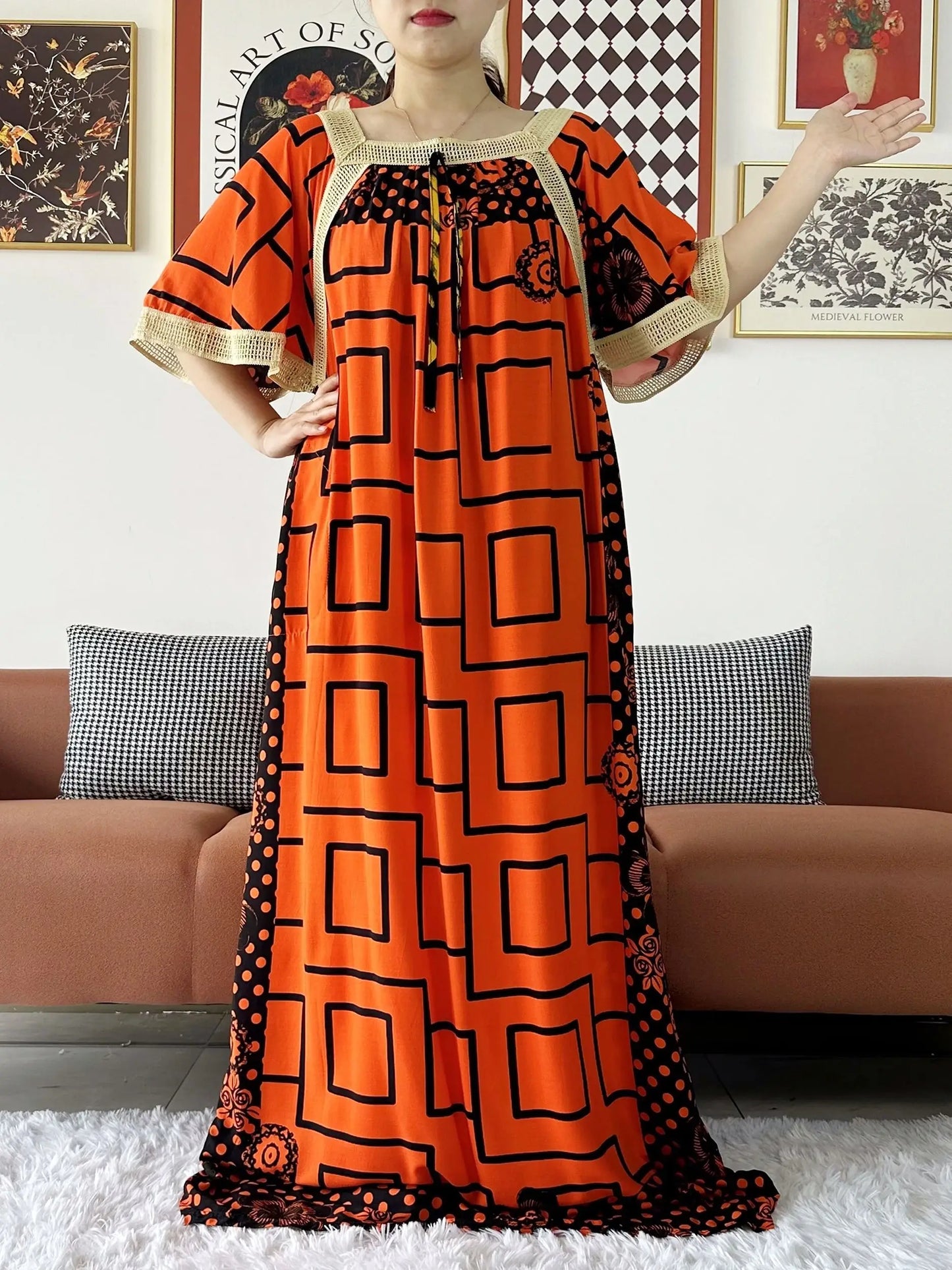 2024 New Muslim Women Short Sleeve Dashiki Dress Lace Embroidered Floral Boubou Maxi Islam Women Dress African Abaya Clothes