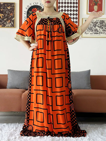 2024 New Muslim Women Short Sleeve Dashiki Dress Lace Embroidered Floral Boubou Maxi Islam Women Dress African Abaya Clothes
