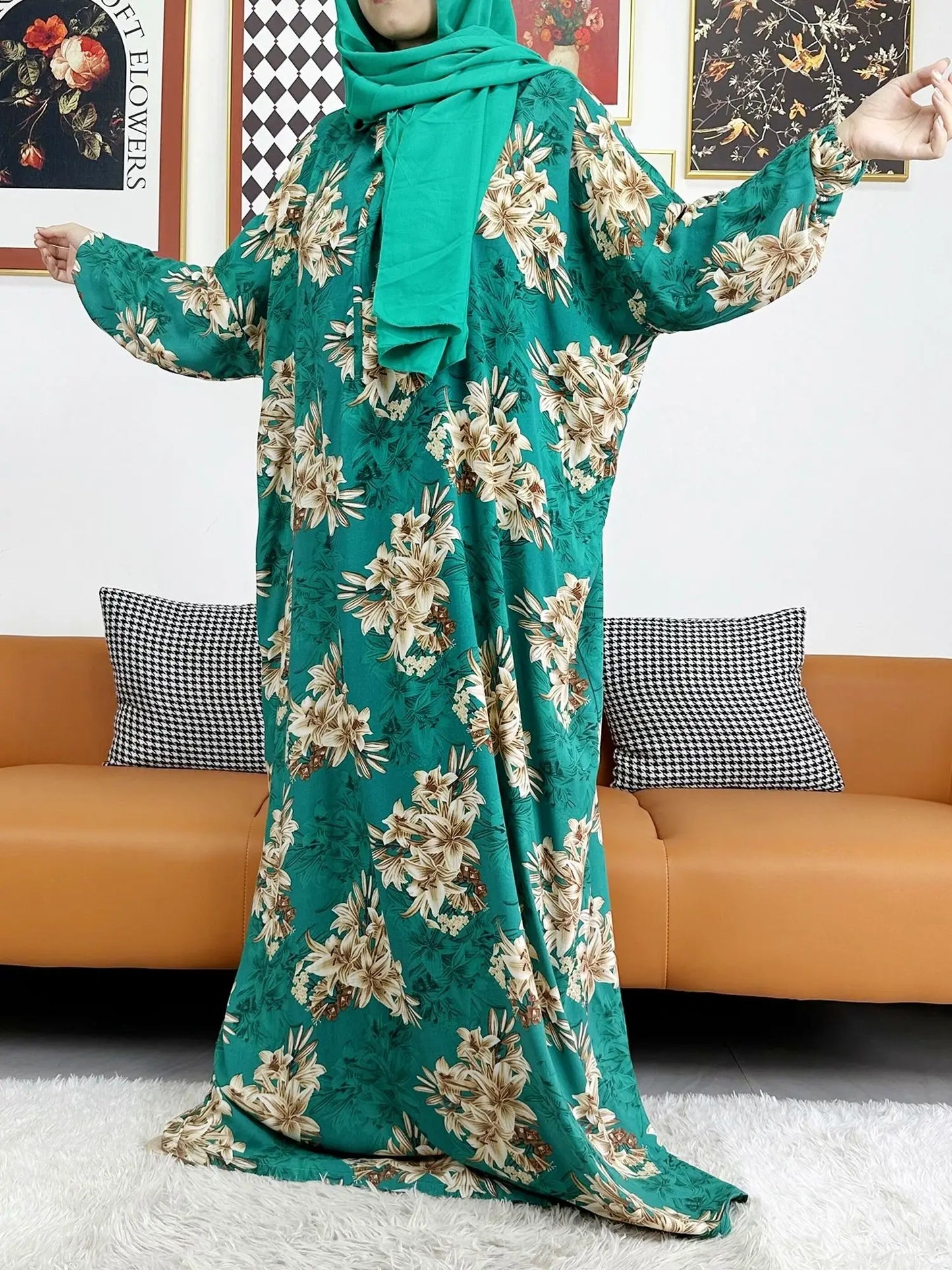 2025 Muslim Rayon Abayas For Women Ramadan Prayer Dubai Turkey Middle East Femme Robe Floral Loose African Dress Turban Joint