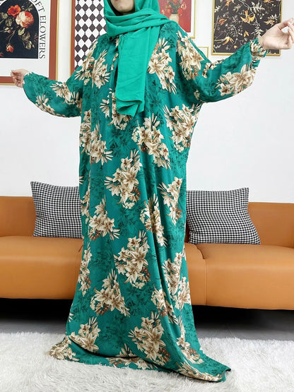 2025 Muslim Rayon Abayas For Women Ramadan Prayer Dubai Turkey Middle East Femme Robe Floral Loose African Dress Turban Joint