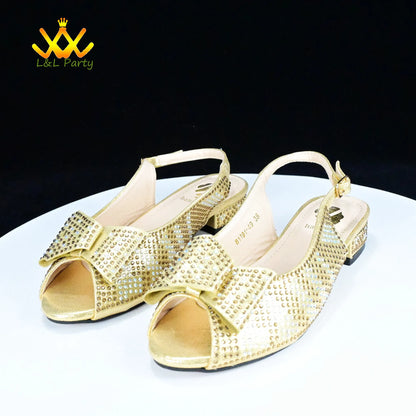 Low Heels Fashion 2024 Spring Summer New Design Nigerian Women Shoes and Bag Set in Gold Color Italian Women Design For Wedding