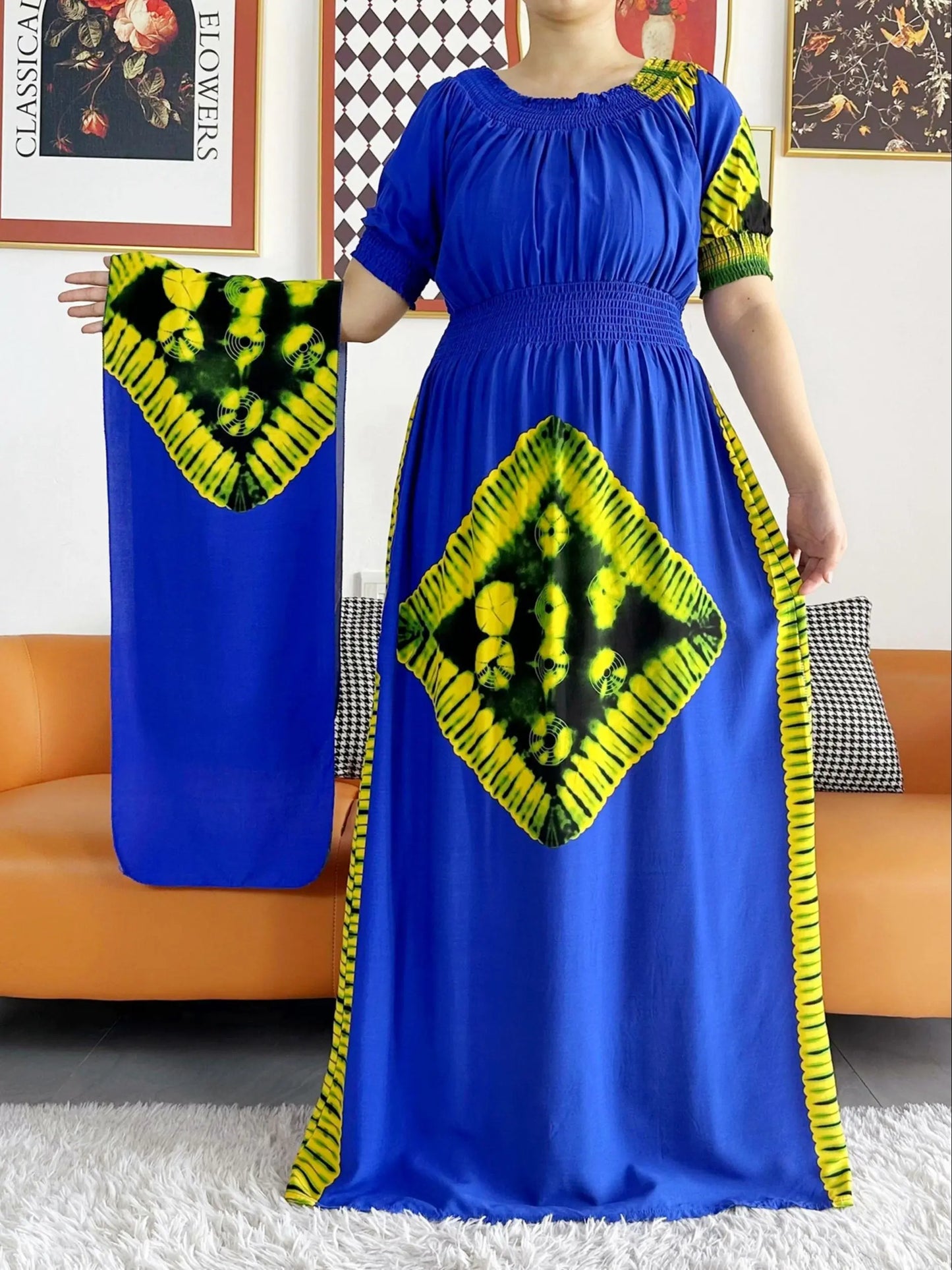 2023 New African Dashiki Cotton Floral Dress Printed Short Sleeve Collect Waist Straight Loose African Women Dress with Scarf