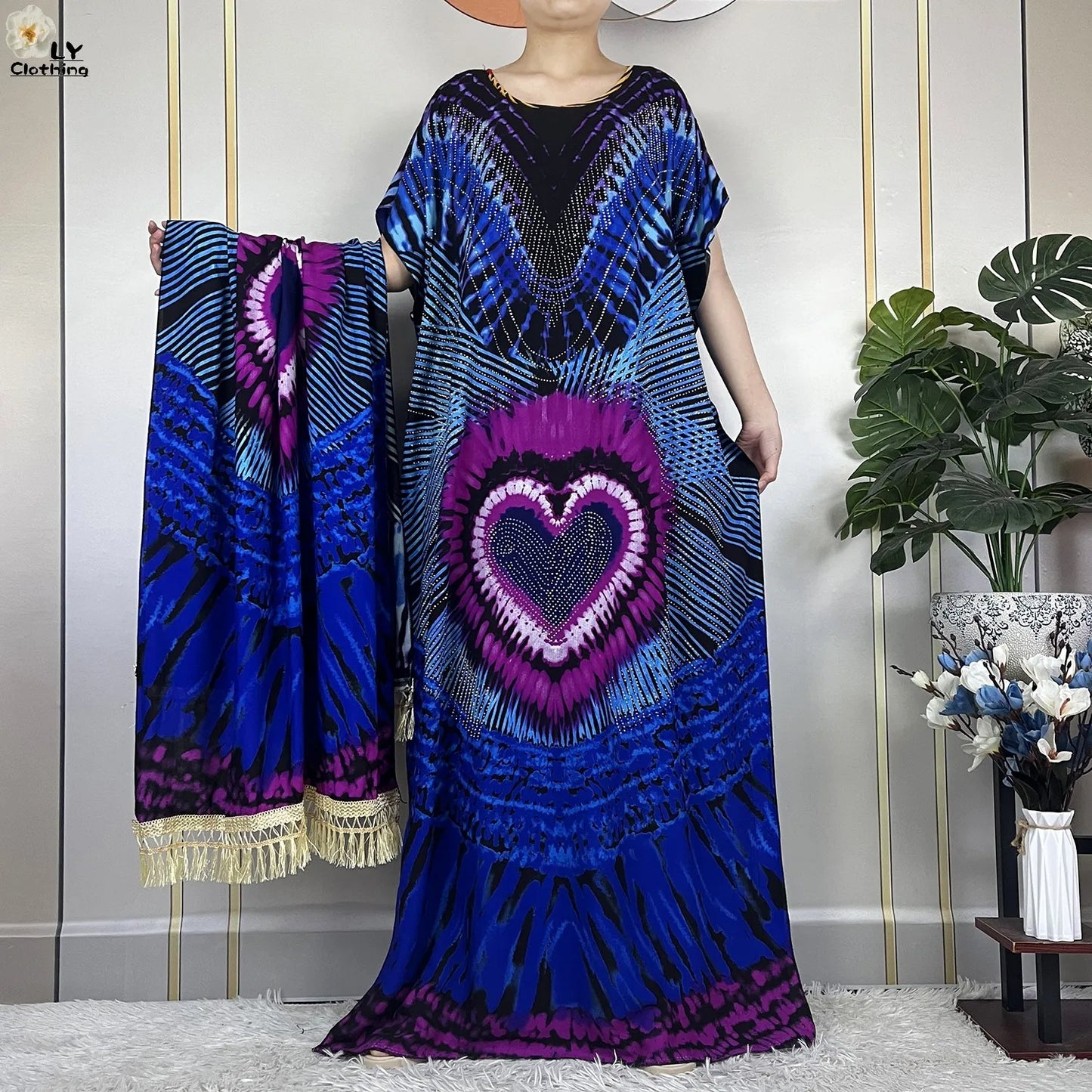 2024New Muslim Abaya Cotton Dress Women Loose African Dashiki Maxi Printing Diamonds Femme Robe Dubai Islam Dress With Big Scarf