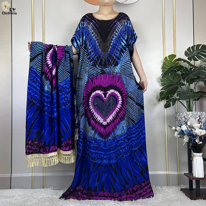 2024New Muslim Abaya Cotton Dress Women Loose African Dashiki Maxi Printing Diamonds Femme Robe Dubai Islam Dress With Big Scarf