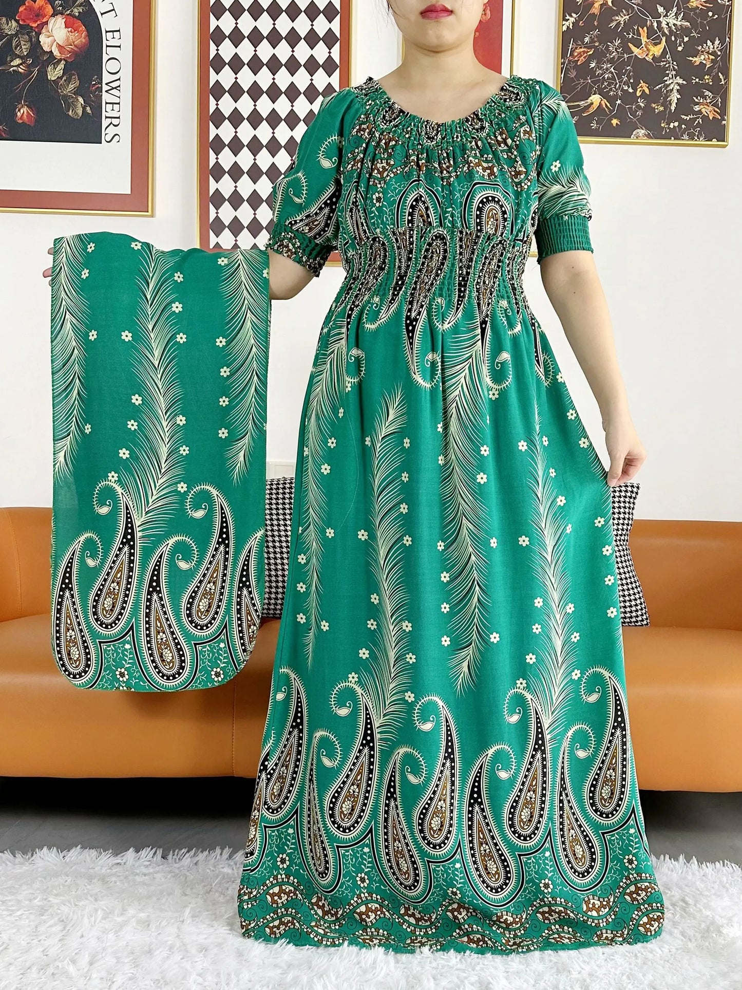 2023 New African Dashiki Cotton Floral Dress Printed Short Sleeve Collect Waist Straight Loose African Women Dress with Scarf