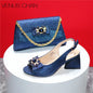 High Quality Blue Color 2024 New Design African Women Shoes and Bag Set Peep Toe with Shinning Crystal for Wedding Party