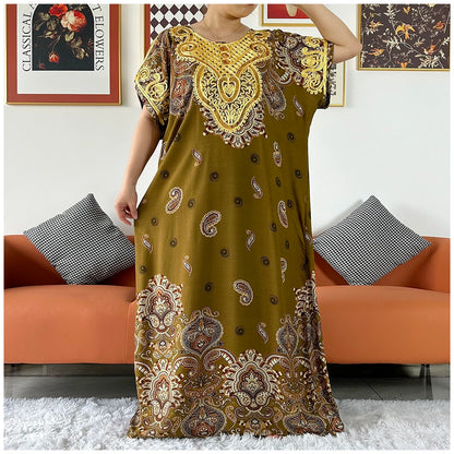 2 Pieces African Dashiki Floral Printing Loose Cotton Caftan Lady Summer Maxi Casual Dresses With Scarf  Vestidos Short Sleeve