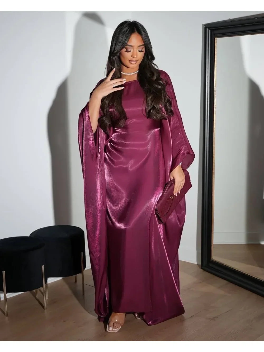 Rose Muslim Kaftan Dress Shiny Batwing Satin Maxi Abaya Dubai Luxury 2025 Abaya For Women Islam Caftan Marocain Femme Long Robes